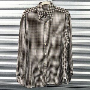 ISAIA Napoli Brown Navy Blue Cotton Gingham Check Button Down Shirt Sz L / 41/16